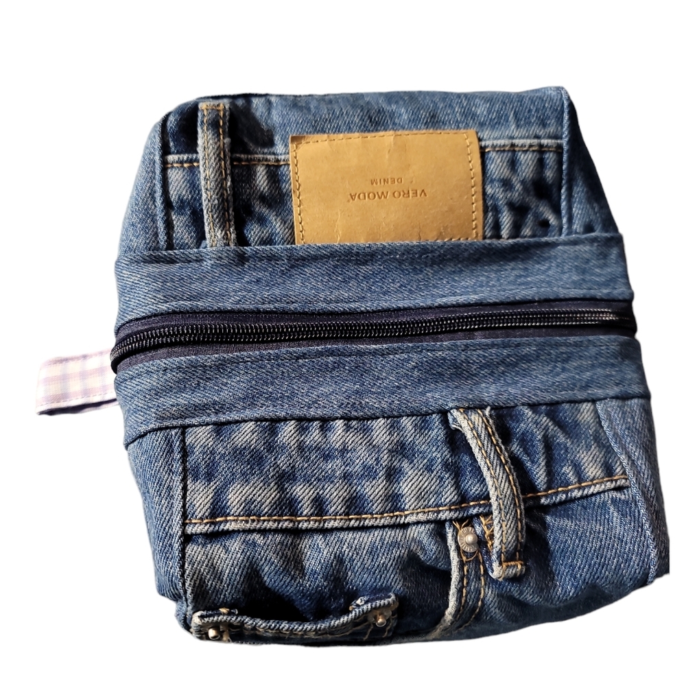 Handmade makeup travel bag from upcycled clothing
